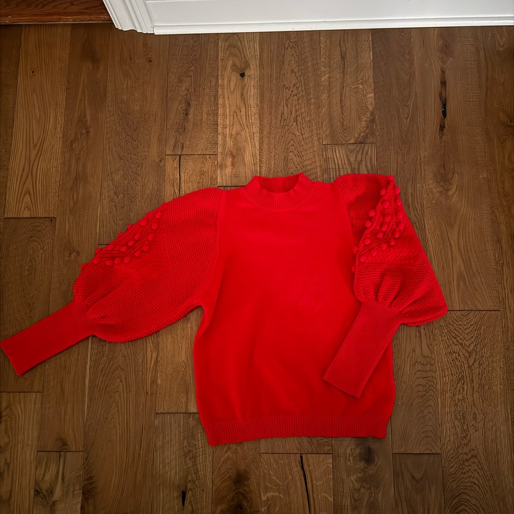 Vine & Love Vibrant Red Cowl Sweater with Puff Sleeves